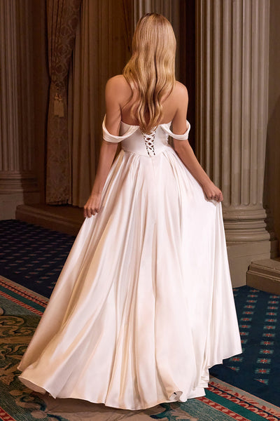 Ladivine 7449W - Pleated Skirt Cowl Neckline Gown Prom Dresses in White