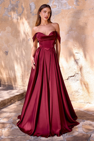 Ladivine 7449 - Off Shoulder Pleated Skirt Evening Gown In Red