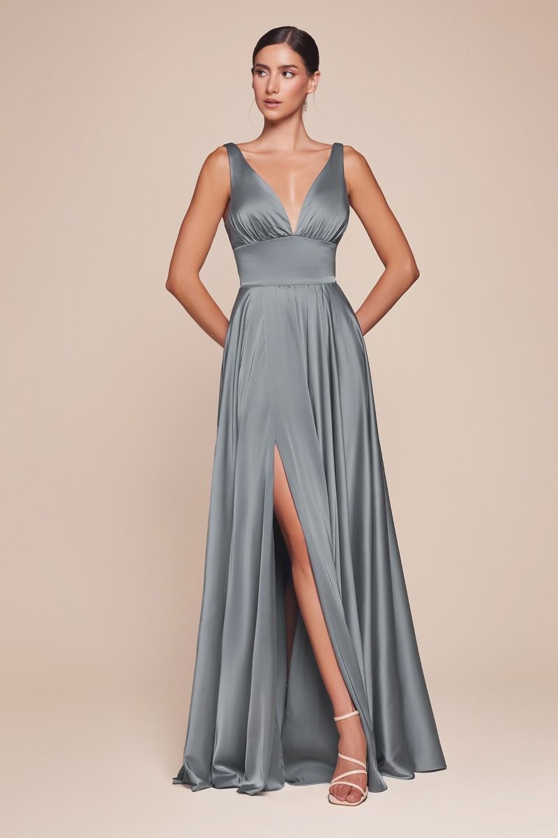 Ladivine 7469 - V Neck Satin A-Line Dress