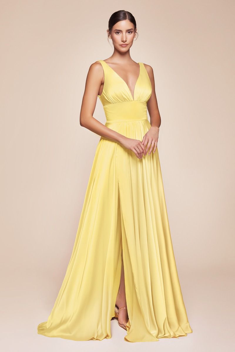 Ladivine 7469 - V Neck Satin A-Line Dress