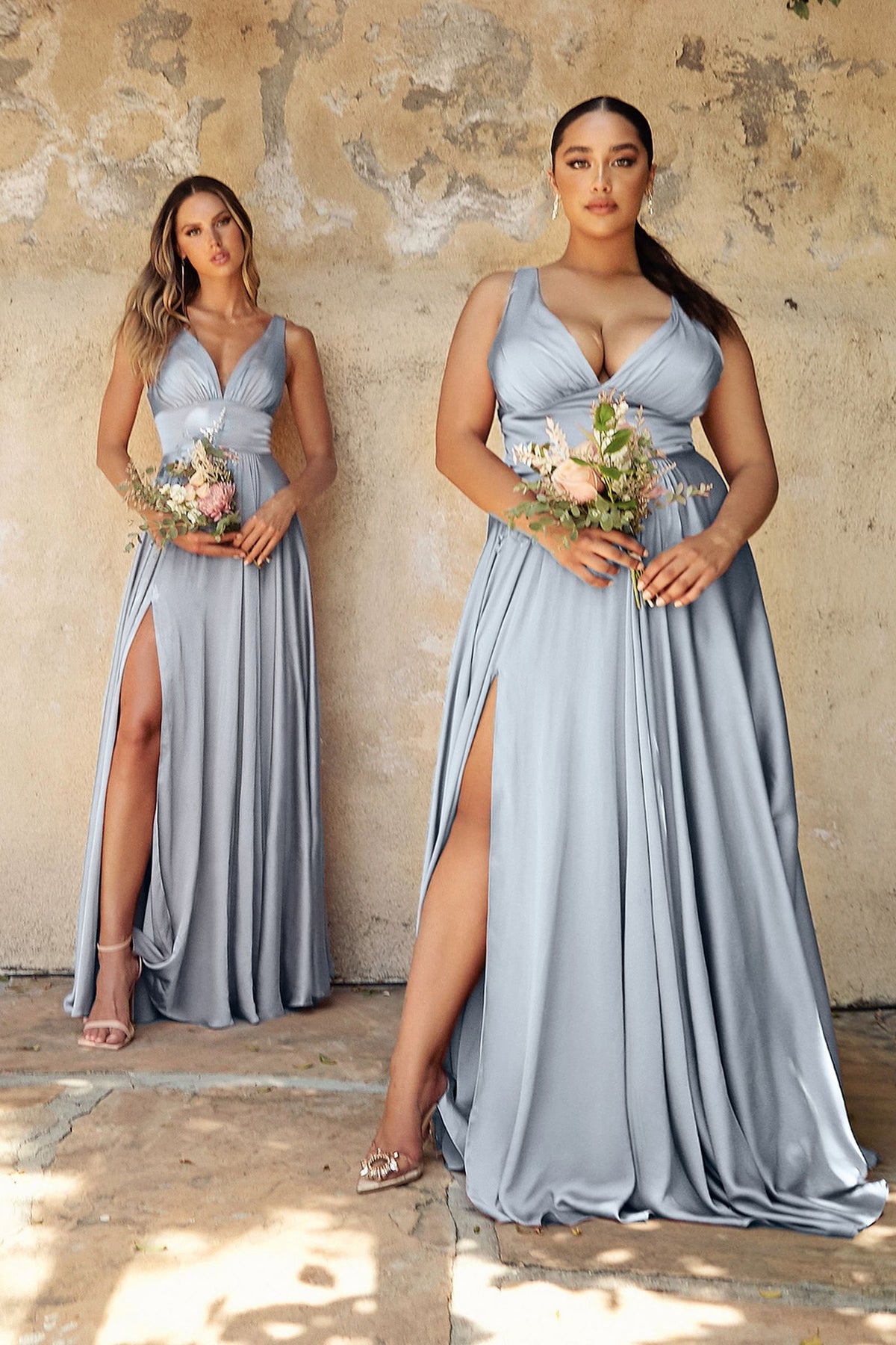 Ladivine 7469 - V Neck Satin A-Line Dress