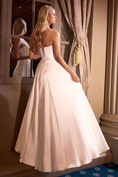 Ladivine 7481W - Spaghetti Strap Corset Bodice Satin Gown Formal Gowns in White