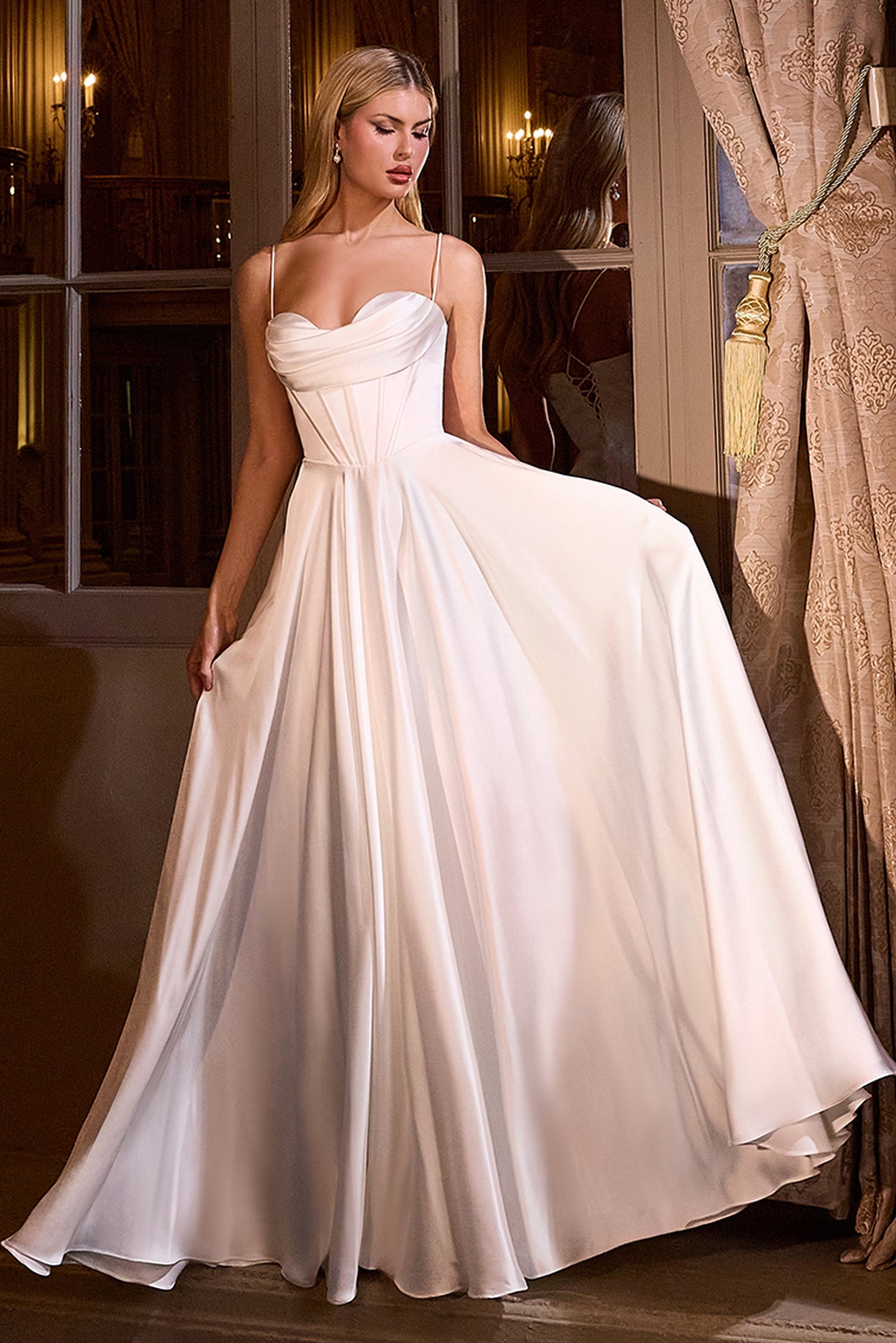 Ladivine 7481W - Spaghetti Strap Corset Bodice Satin Gown Formal Gowns in White