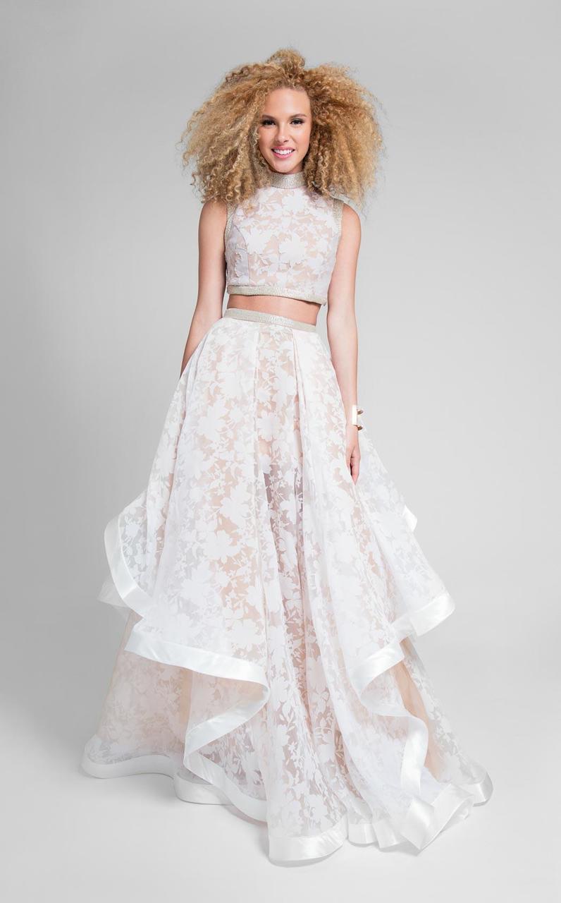 Terani Couture - Two-Piece High Collar Gown with Lace Appliques 1711P2713 In White and Neutral