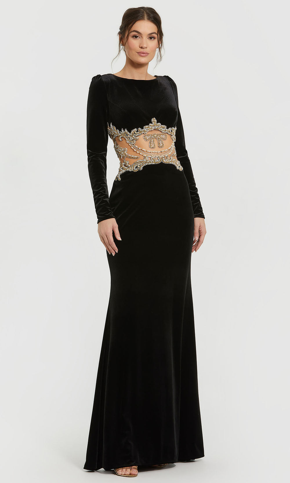 Mac Duggal 79445 - Bateau Neck Velvet Cutout Gown Prom Dresses