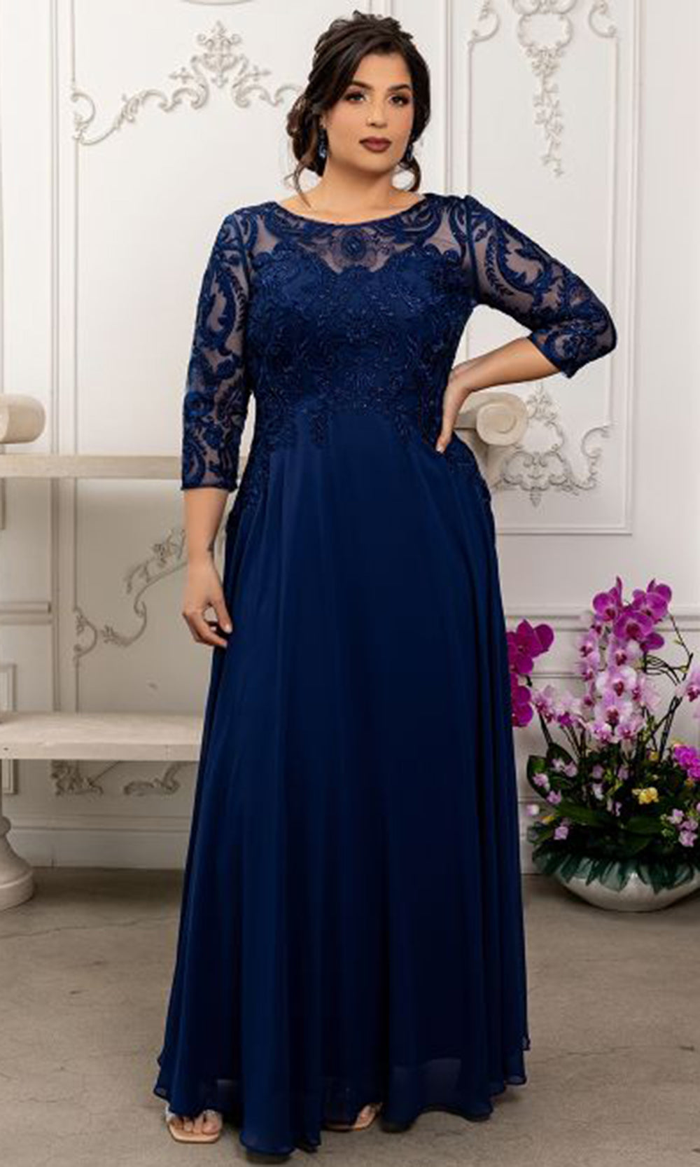May Queen MQ2210 - Jewel Neck Lace Bodice Formal Gown