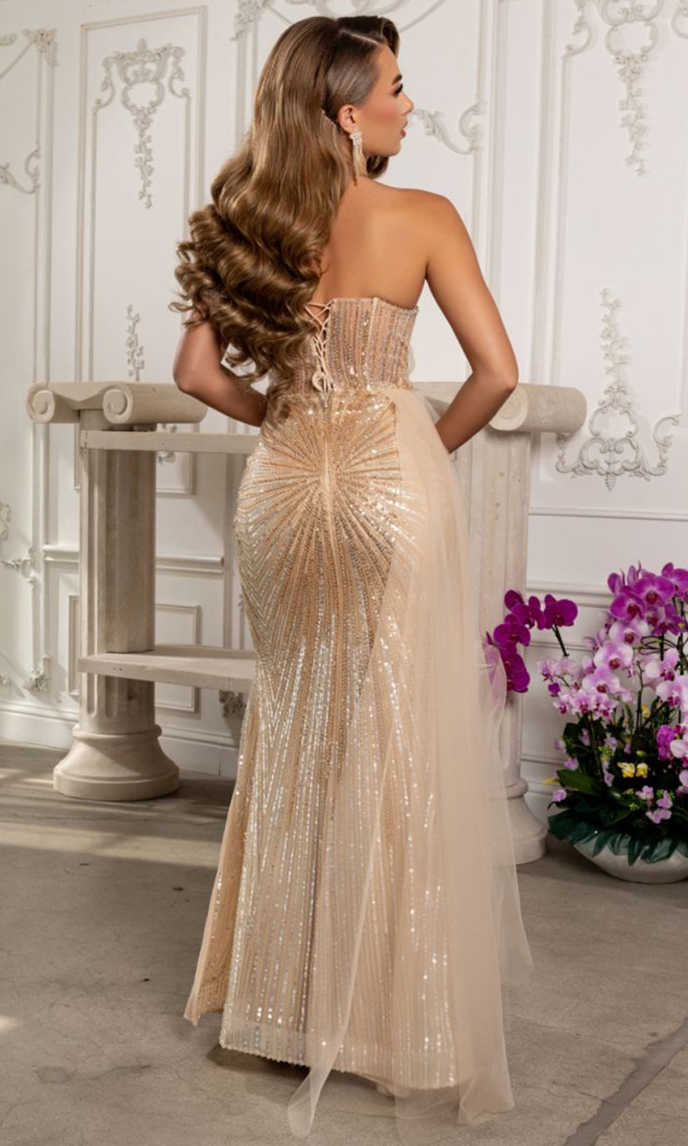 May Queen RQ8264 - Asymmetric Neckline Floral Evening Dress Prom Dresses in Champagne 