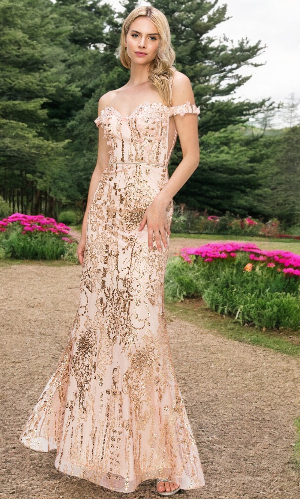 Cinderella Couture 8058J - Floral Off Shoulder Sleeve Long Gown Prom Dresses