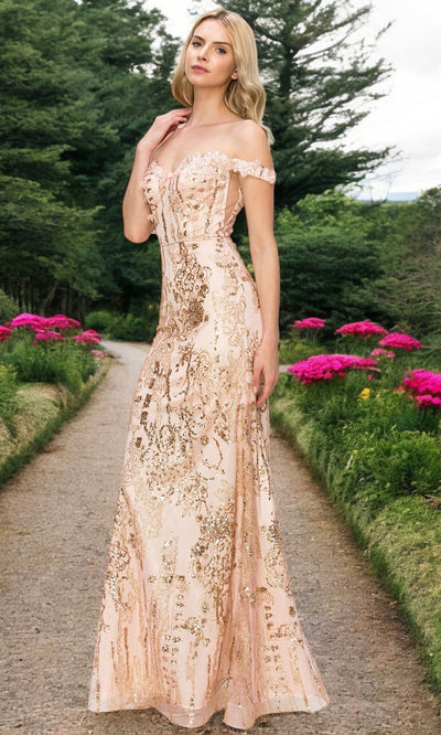 Cinderella Couture 8058J - Floral Off Shoulder Sleeve Long Gown Cinderella Couture 8058J - Floral Off Shoulder Sleeve Long Gown