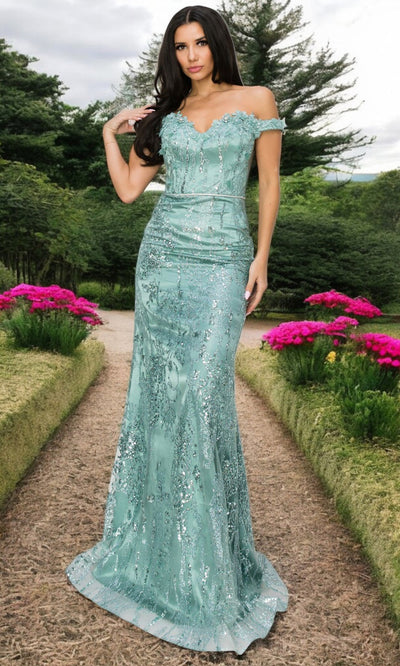 Cinderella Couture 8058J - Floral Off Shoulder Sleeve Long Gown Cinderella Couture 8058J - Floral Off Shoulder Sleeve Long Gown