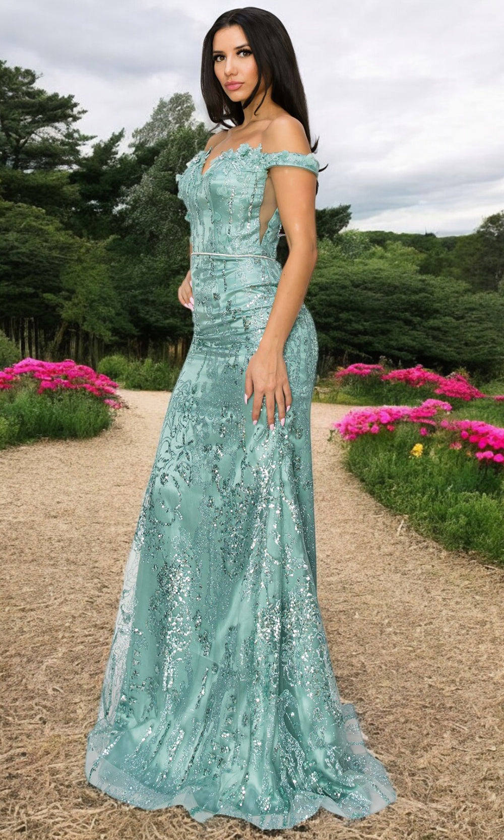 Cinderella Couture 8058J - Floral Off Shoulder Sleeve Long Gown Cinderella Couture 8058J - Floral Off Shoulder Sleeve Long Gown