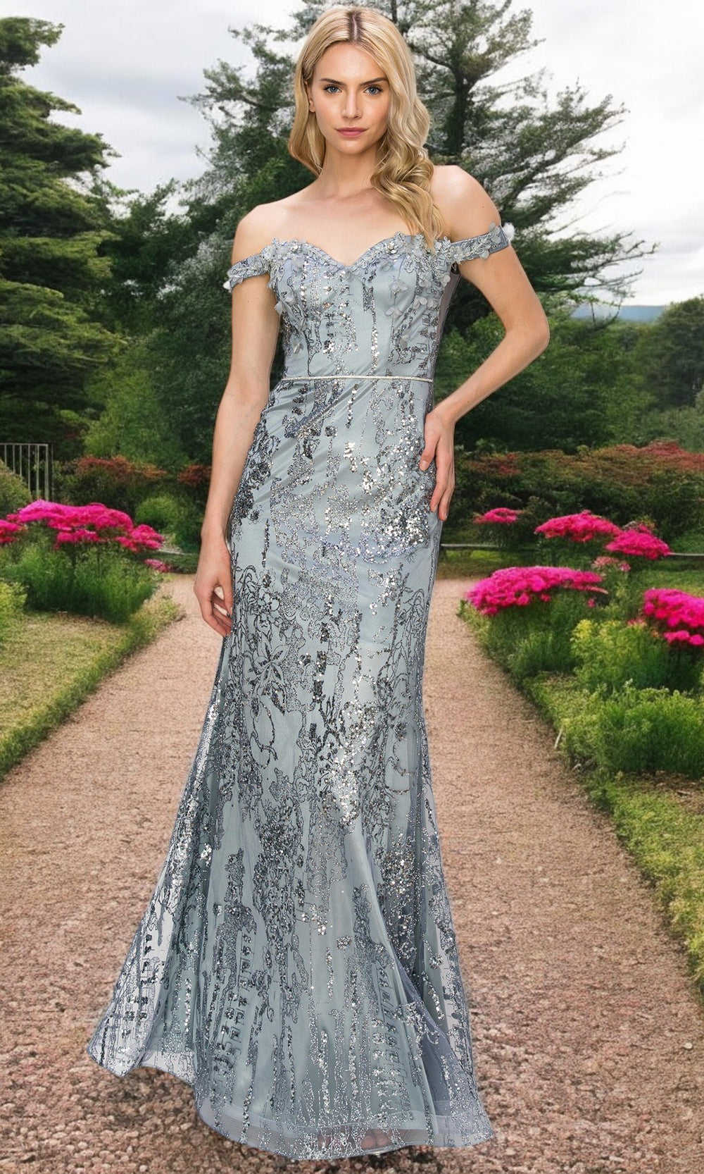 Cinderella Couture 8058J - Floral Off Shoulder Sleeve Long Gown Cinderella Couture 8058J - Floral Off Shoulder Sleeve Long Gown