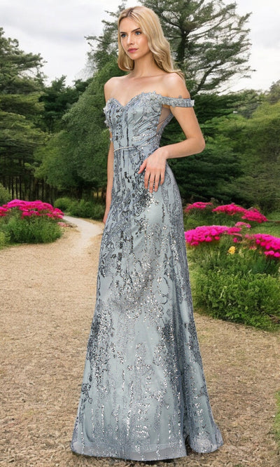 Cinderella Couture 8058J - Floral Off Shoulder Sleeve Long Gown Cinderella Couture 8058J - Floral Off Shoulder Sleeve Long Gown