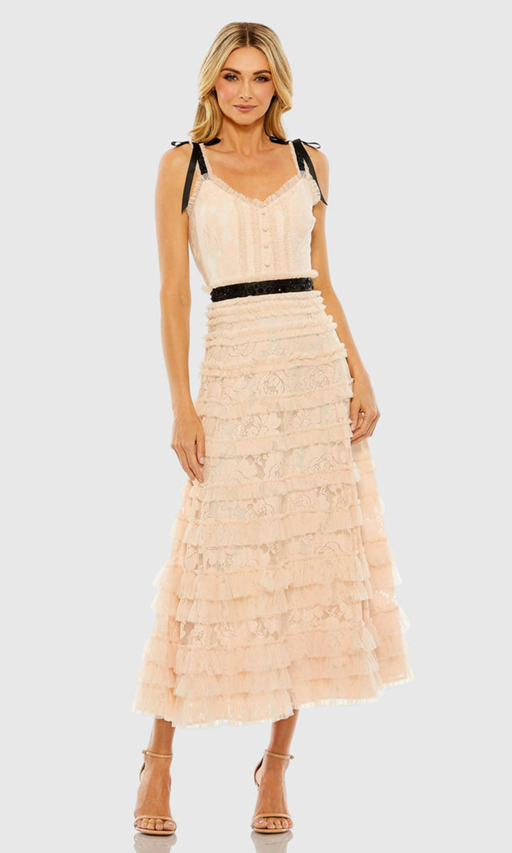 Mac Duggal 8070 - Lace Ruffle Midi A-Line Dress Holiday Dresses in Porcelain