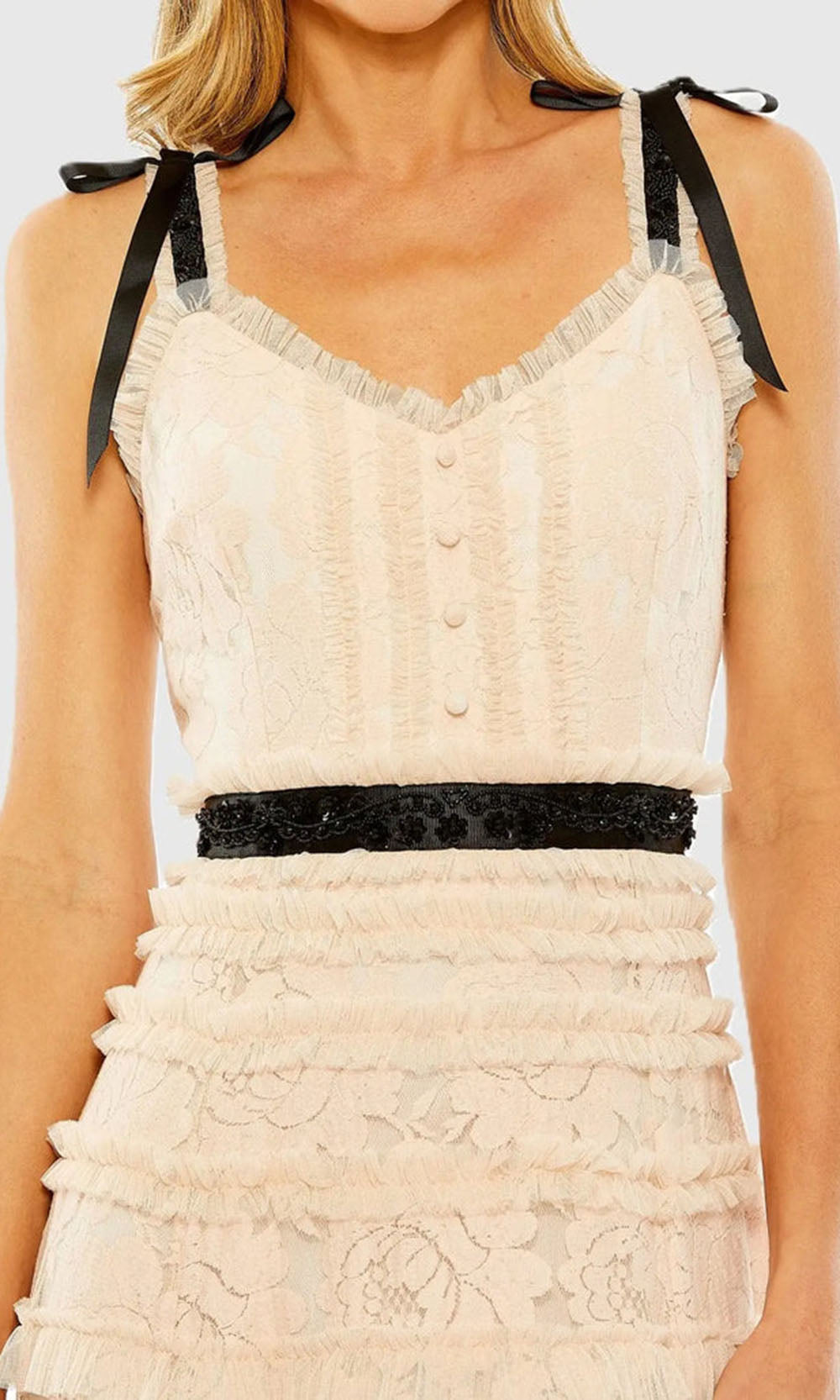 Mac Duggal 8070 - Lace Ruffle Midi A-Line Dress Holiday Dresses in Porcelain