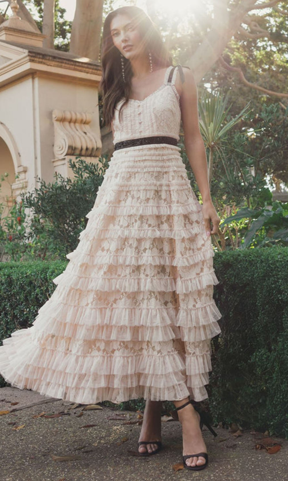 Mac Duggal 8070 - Lace Ruffle Midi A-Line Dress Holiday Dresses in Porcelain