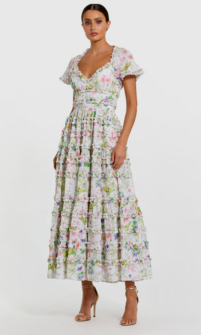 Mac Duggal 8079 - Short Sleeve Floral Print Midi Dress Semi Formal