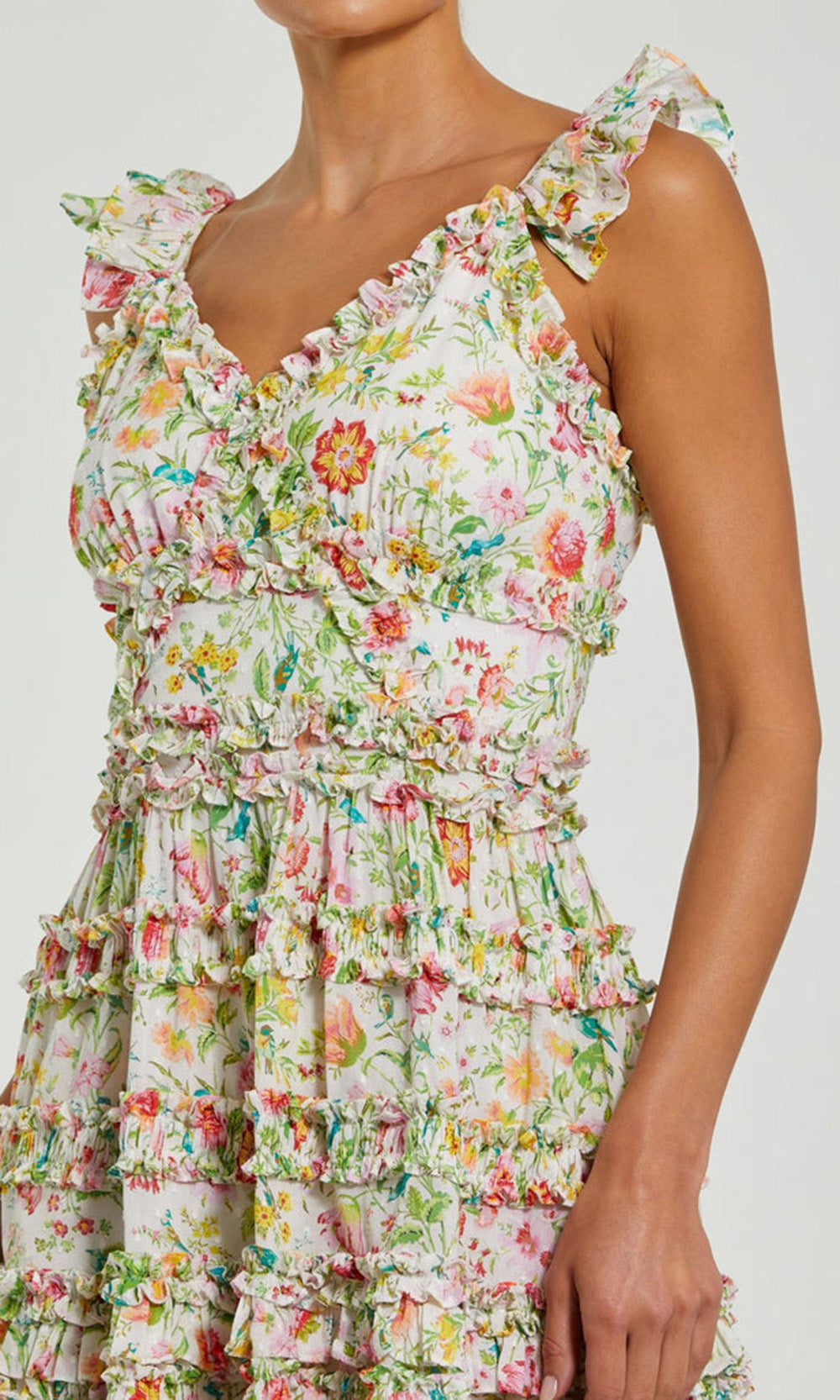 Mac Duggal 8084 - Floral Ruffle V-Neckline Mini Dress Holiday Dresses in White and Multi