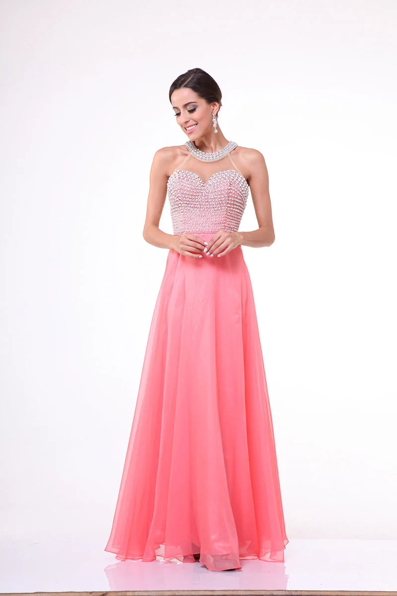 Ladivine 8107 - Pearl Embellished Halter Chiffon Dress