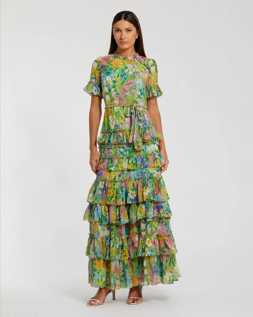 Ieena Duggal 8112 - High Neck Ruffle Tiered A-Line Dress Formal Gowns in Multi