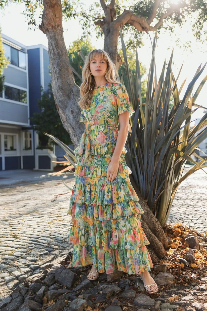 Ieena Duggal 8112 - High Neck Ruffle Tiered A-Line Dress Formal Gowns in Multi