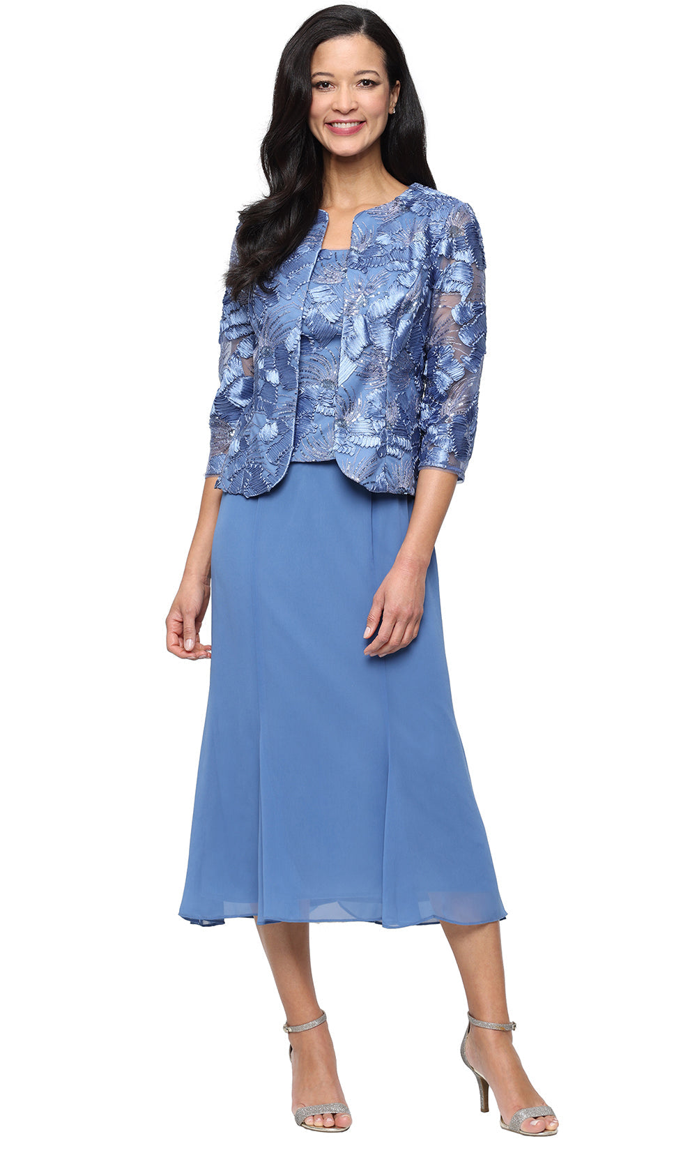 Alex Evenings 84122839 - Soutache Tea Length Jacket Plus Size Dress Wedding Guest in Blue 