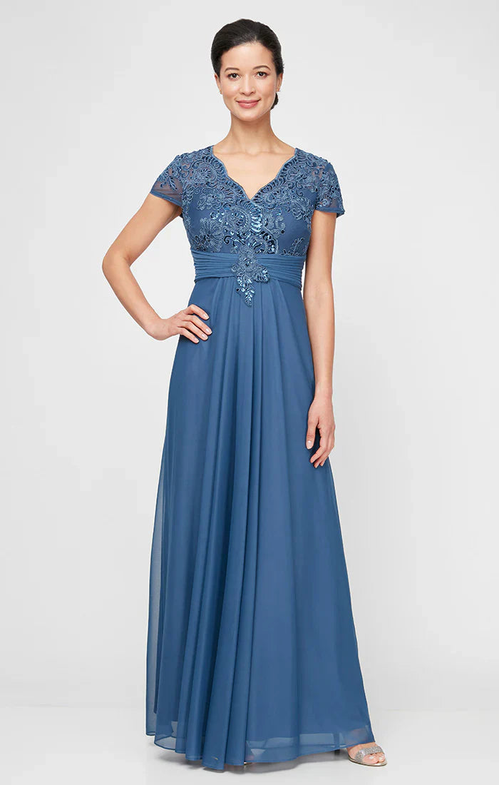 Alex Evenings 81171561 - Short Sleeve Pleated Waist Long Gown