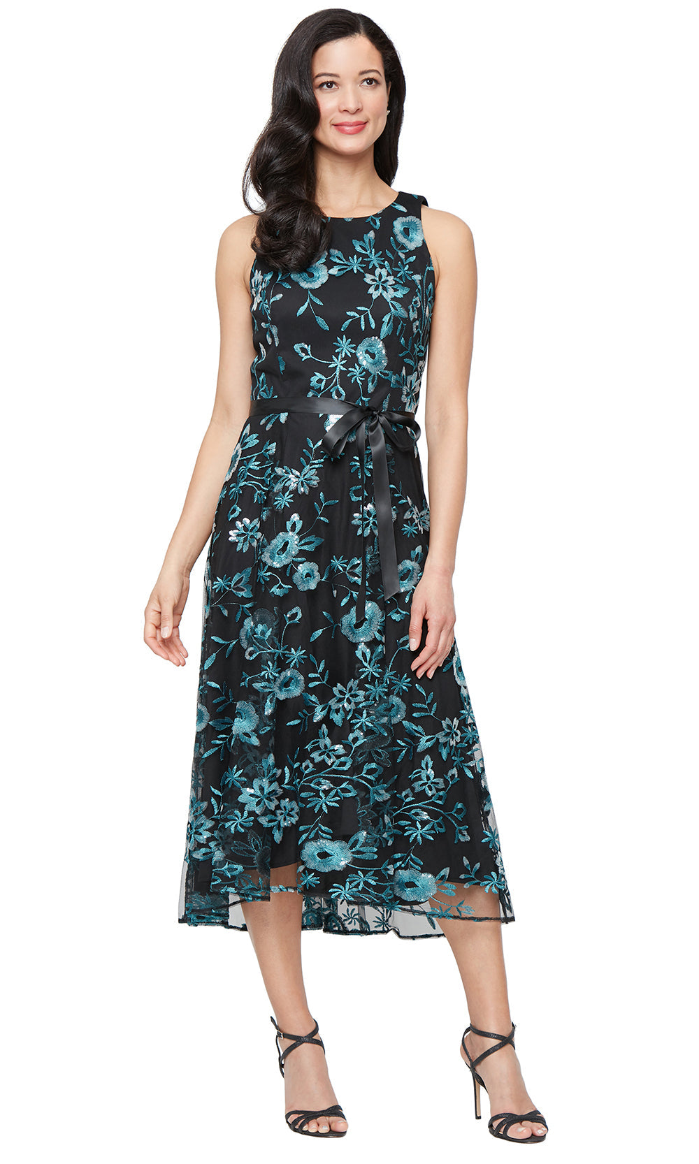 Alex Evenings 81171839 - Embroidered Tea-Length Dress with Tie Waist Wedding Guest