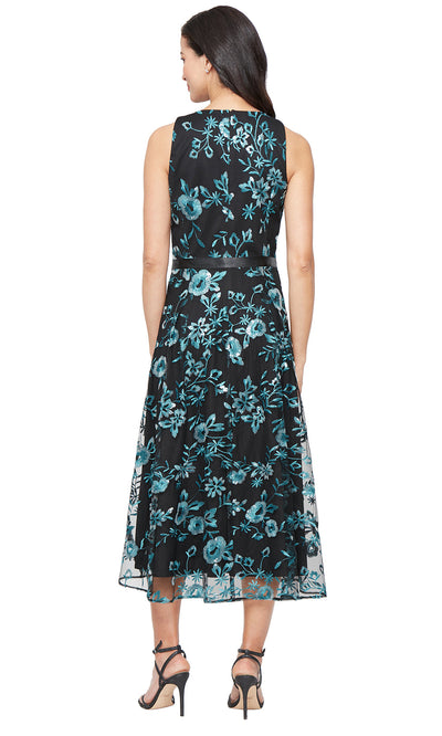 Alex Evenings 81171839 - Embroidered Tea-Length Dress with Tie Waist Wedding Guest
