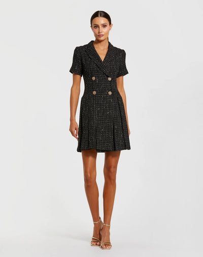 Mac Duggal 81200 - Short Sleeve Tweed A-Line Mini Dress In Black