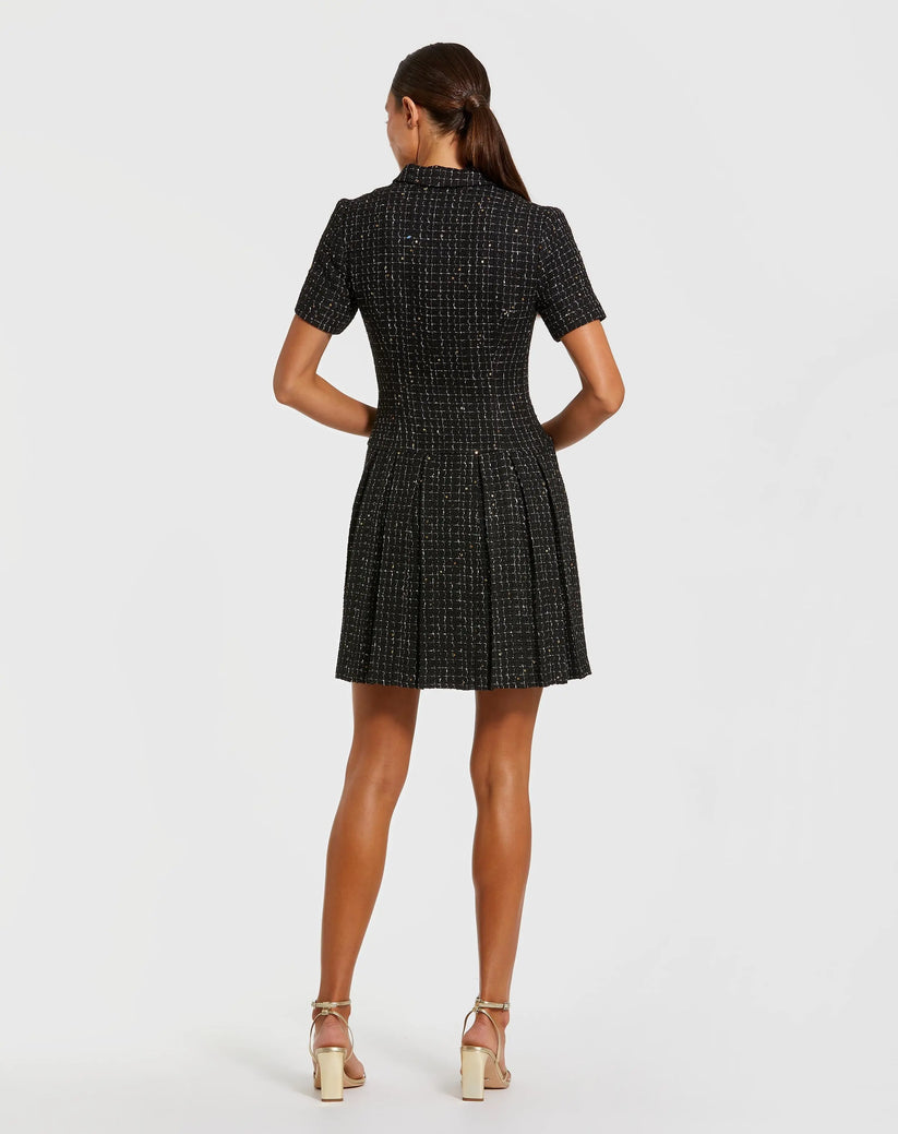 Mac Duggal 81200 - Short Sleeve Tweed A-Line Mini Dress In Black