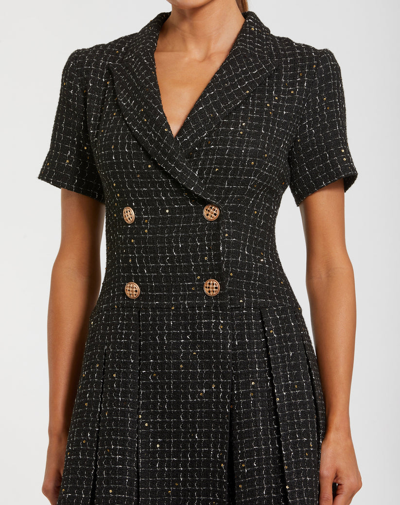 Mac Duggal 81200 - Short Sleeve Tweed A-Line Mini Dress In Black