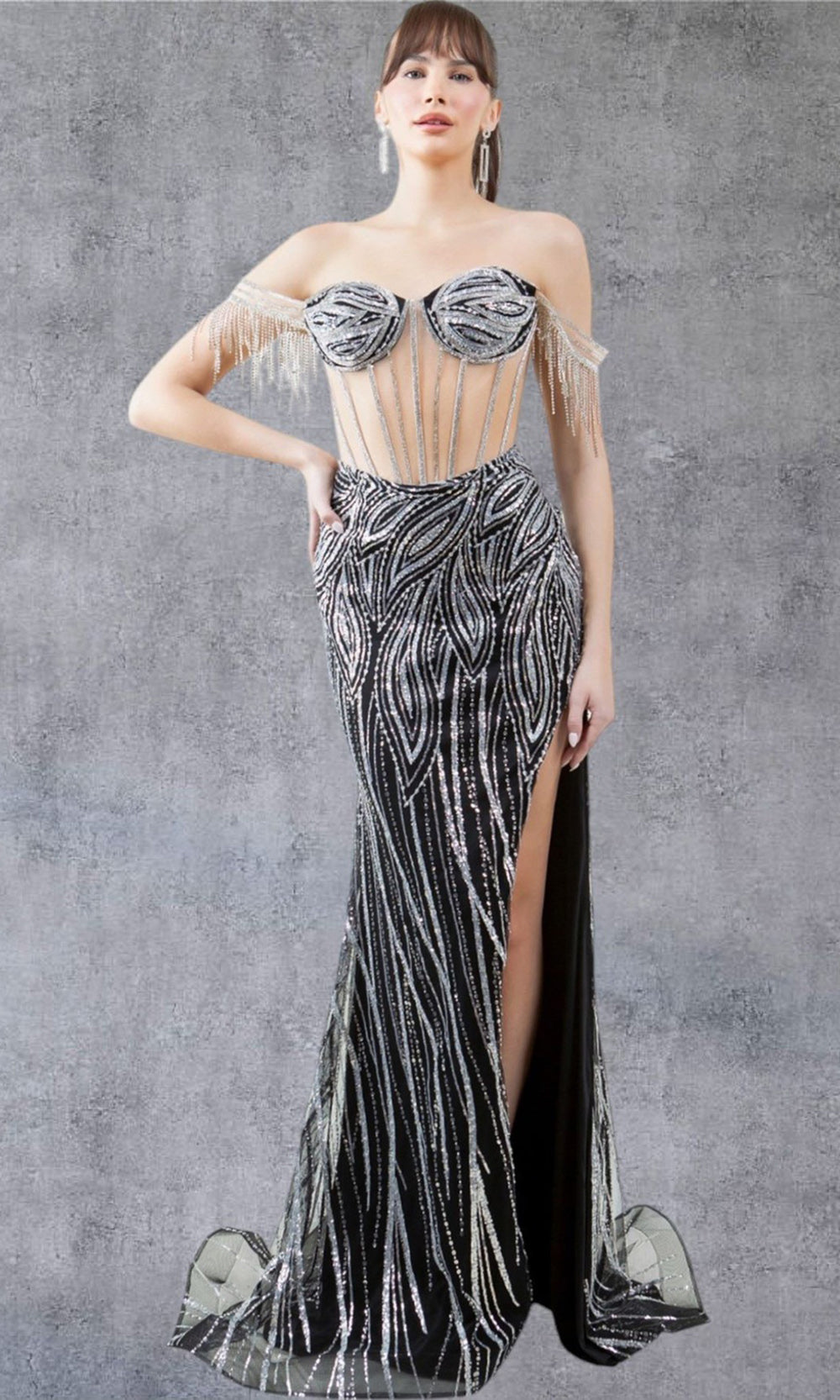 Cinderella Couture 8147J - Illusion Corset Fringe Sleeve Gown Prom Dresses