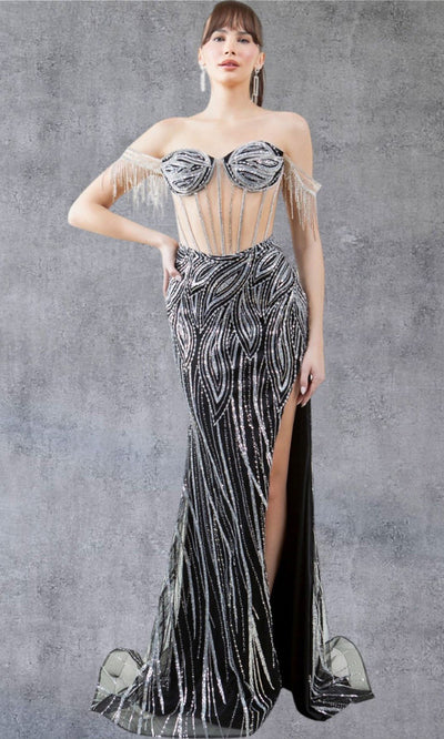 Cinderella Couture 8147J - Illusion Corset Fringe Sleeve Gown Prom Dresses