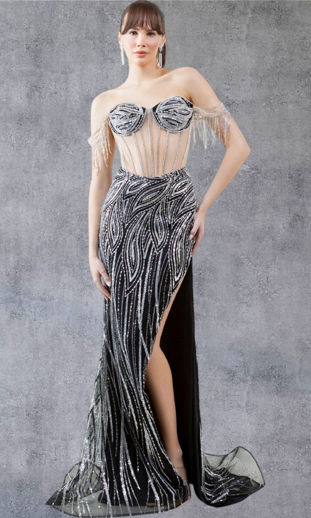 Cinderella Couture 8147J - Illusion Corset Fringe Sleeve Gown Cinderella Couture 8147J - Illusion Corset Fringe Sleeve Gown