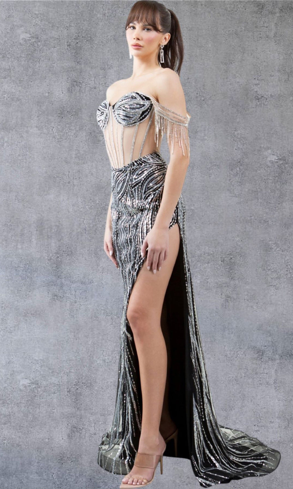 Cinderella Couture 8147J - Illusion Corset Fringe Sleeve Gown Cinderella Couture 8147J - Illusion Corset Fringe Sleeve Gown