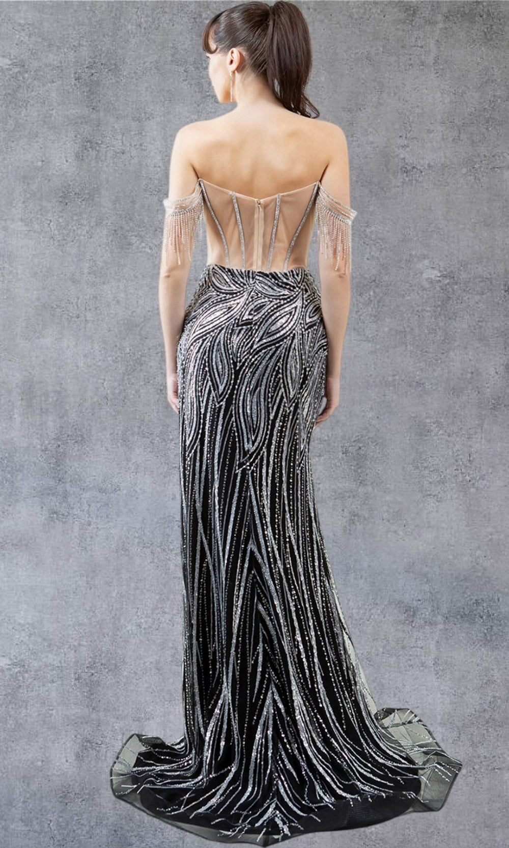 Cinderella Couture 8147J - Illusion Corset Fringe Sleeve Gown Cinderella Couture 8147J - Illusion Corset Fringe Sleeve Gown