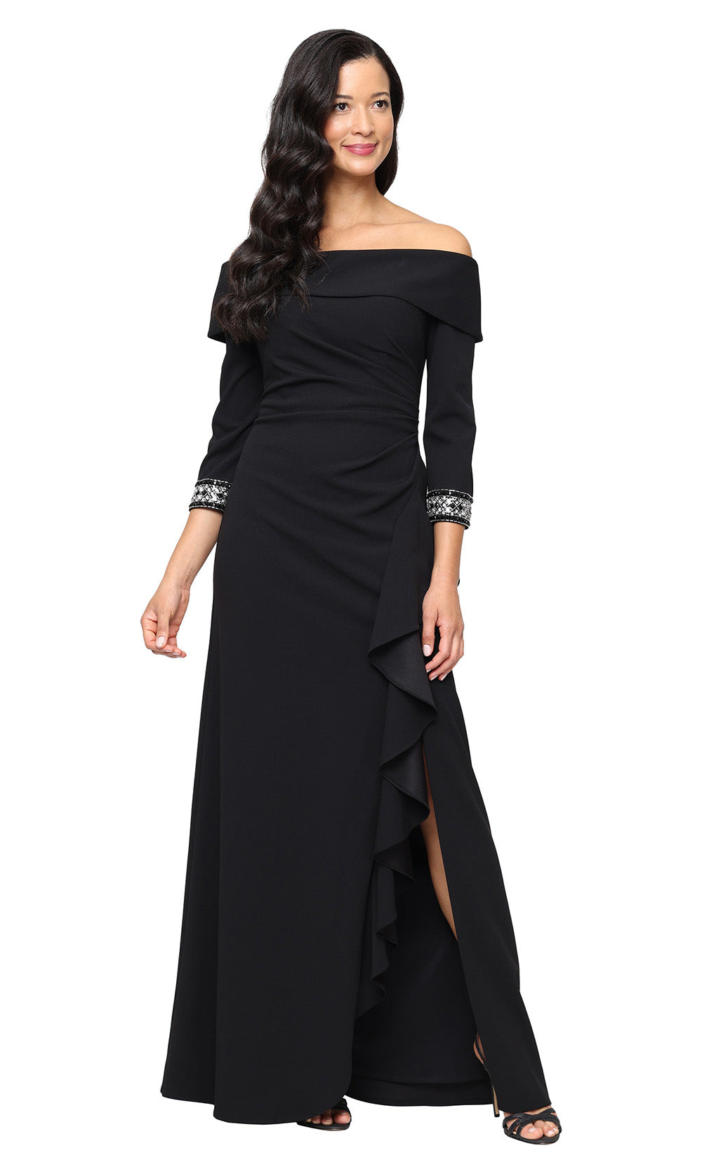 Alex Evenings *Long Stretch Crepe Off The Shoulder Dress with Foldover Cuff Neckline, Beaded Sleeve Detail and Cascade Ruffle Skirt Mid Teal / 4 Alex Evenings *Long Stretch Crepe Off The Shoulder Dress with Foldover Cuff Neckline, Beaded Sleeve Detail and Cascade Ruffle Skirt Mid Teal / 4