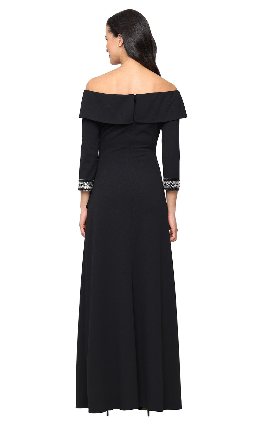 Alex Evenings *Long Stretch Crepe Off The Shoulder Dress with Foldover Cuff Neckline, Beaded Sleeve Detail and Cascade Ruffle Skirt Mid Teal / 4 Alex Evenings *Long Stretch Crepe Off The Shoulder Dress with Foldover Cuff Neckline, Beaded Sleeve Detail and Cascade Ruffle Skirt Mid Teal / 4