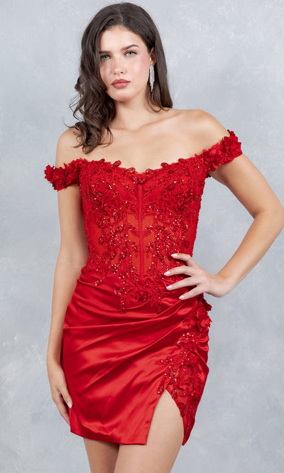 Cinderella Couture 8181JS - Floral Applique Sheath Mini Dress Cinderella Couture 8181JS - Floral Applique Sheath Mini Dress