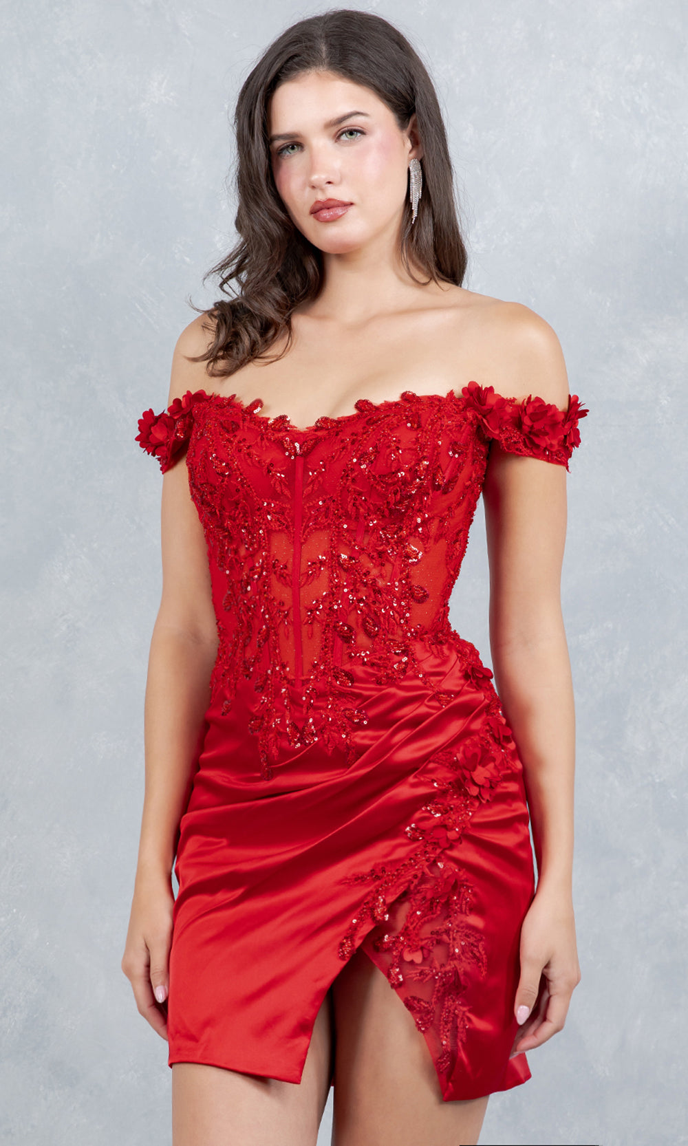 Cinderella Couture 8181JS - Floral Applique Sheath Mini Dress Cinderella Couture 8181JS - Floral Applique Sheath Mini Dress