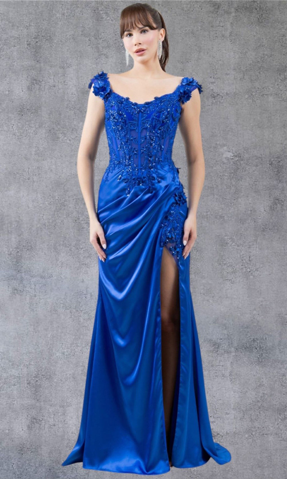 Cinderella Couture 8181J- - Floral Applique Cap Sleeve Gown Cinderella Couture 8181J- - Floral Applique Cap Sleeve Gown