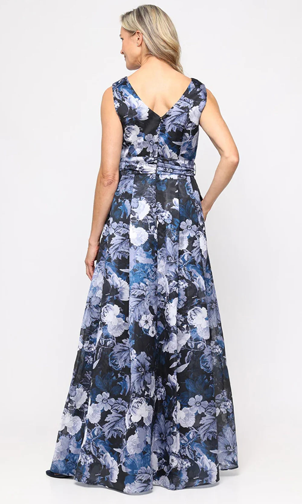 alex evenings a-line dress Long Sleeveless Printed Yoryu Gown with Surplice Neckline and Tie Waist NAVY MULTI / 10 Elegant long dress featuring