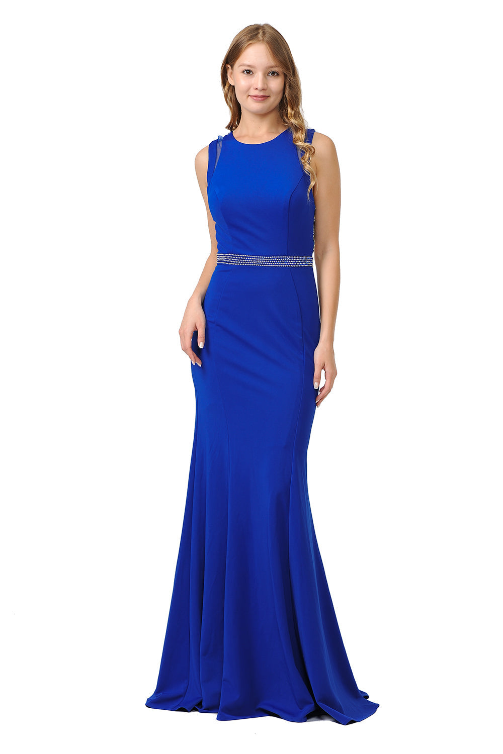 Poly USA 8230 - Jewel Neck Embellished Sheath Gown Mother of the Bride Dresses in Blue  