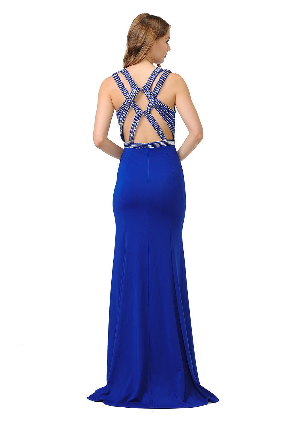 Poly USA 8230 - Jewel Neck Embellished Sheath Gown Mother of the Bride Dresses in Blue  
