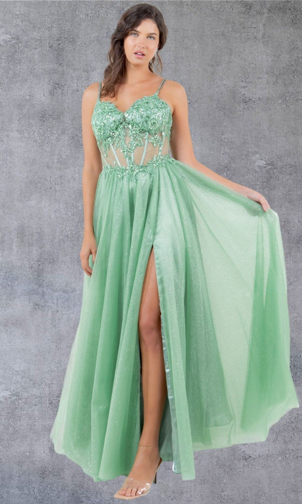 Cinderella Couture 8238J - A-Line Skirt Spaghetti Strap Gown Prom Dresses