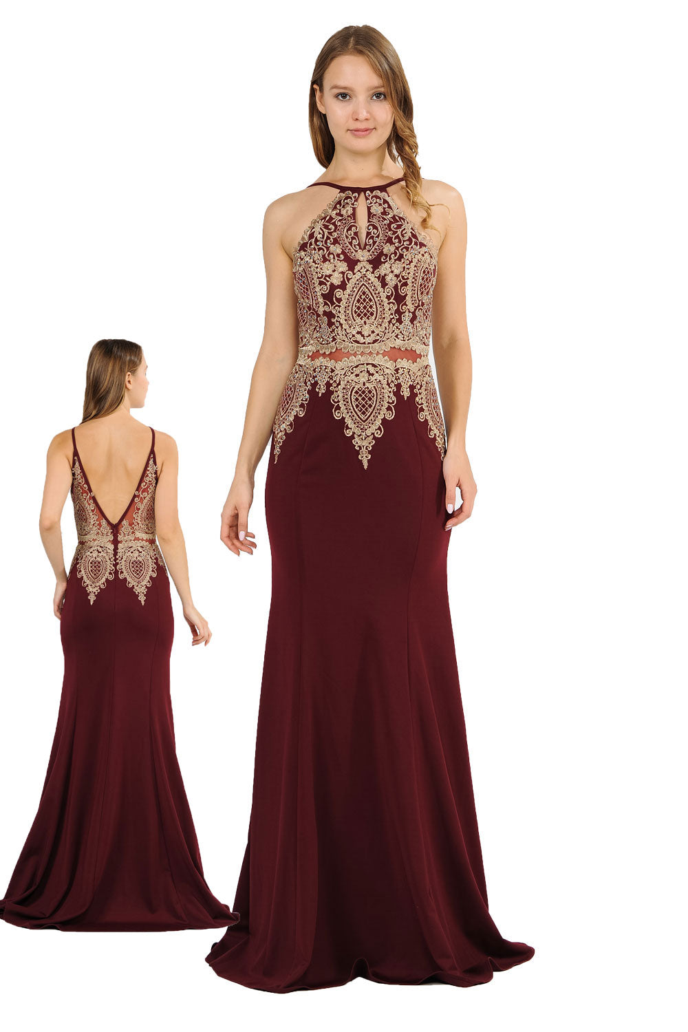 Poly USA 8244 - Keyhole Front Embroidered Sleeveless Dress Prom Dresses in Red  
