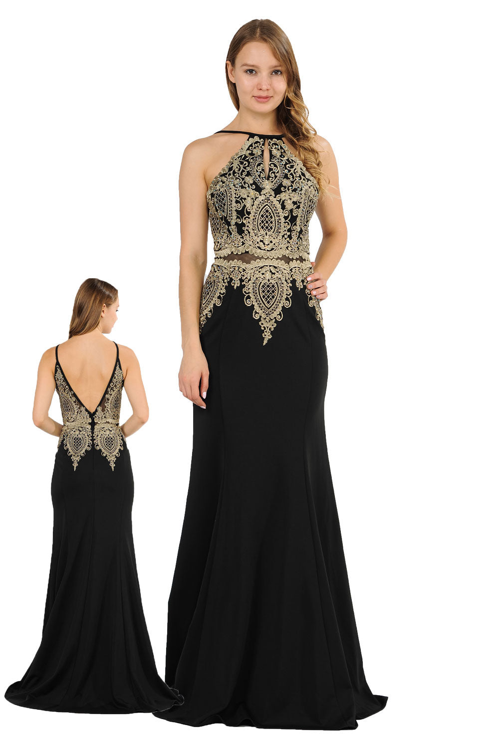 Poly USA 8244 - Keyhole Front Embroidered Sleeveless Dress Prom Dresses in Black  
