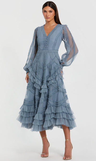 Mac Duggal 8247 - Sheer Bishop Sleeve Ruffle Midi Dress Wedding Guest