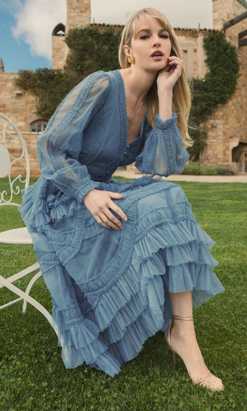 sheer ruffle midi dress White Organza Midi Dress, Sheer Puff Sleeve, Layered Ruffle Party Gown